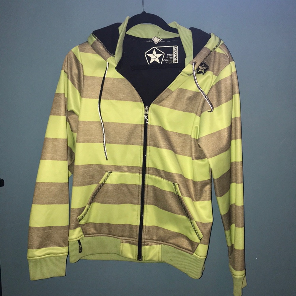 Green and grey striped snow jacket